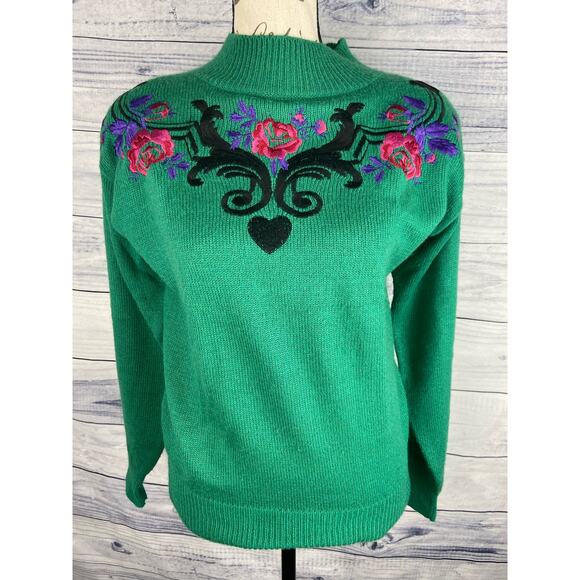 Vintage Regency Collection Joyce Embroidered Mock Sweater Women S Green Long Slv - Picture 2 of 10